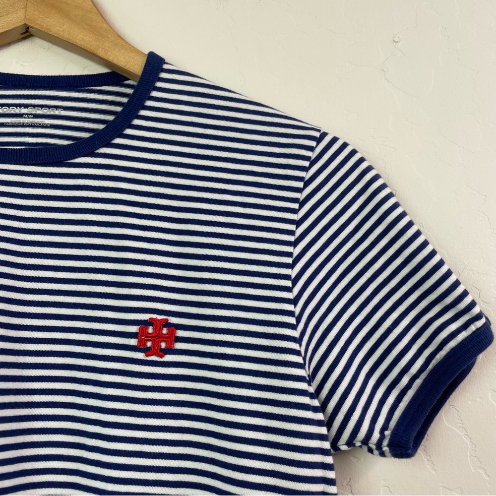 Tory Burch Sport Women's Blue Striped Cotton-Jersey Short Sleeve T-Shirt Medium - Picture 6 of 15